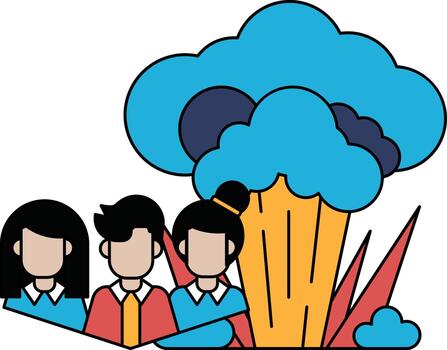 Three people are hugging each other in front of a large cloud vector