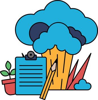 A black and white drawing of a tree with a clipboard and a pencil next to it vector