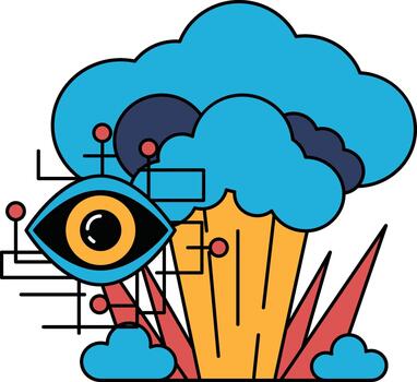 un negro y blanco dibujo de un nube con un grande ojo en el medio vector