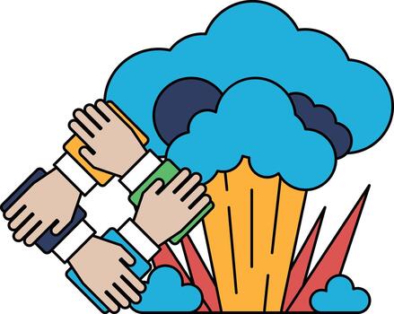 un grupo de personas son participación manos en un círculo, con un nube en el antecedentes vector