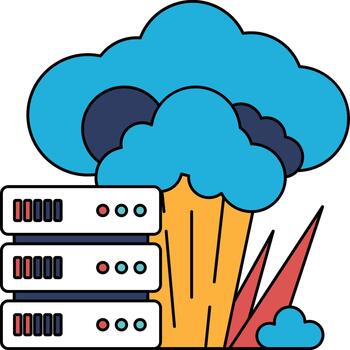 A black and white drawing of a cloud with a large server in the middle vector