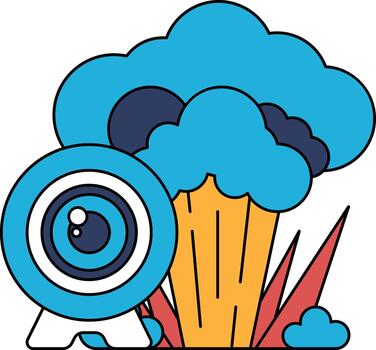 un negro y blanco dibujo de un cámara con un lente y un nube en el antecedentes vector