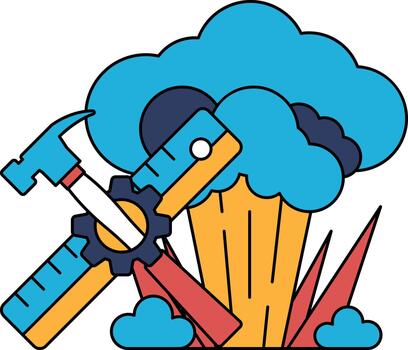 un negro y blanco dibujo de un martillo y un regla con un nube en el antecedentes vector