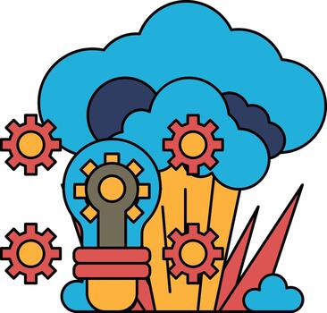 un dibujo de un ligero bulbo con engranajes rodeando eso vector