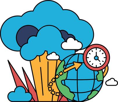 un negro y blanco dibujo de un planeta con un reloj en eso vector