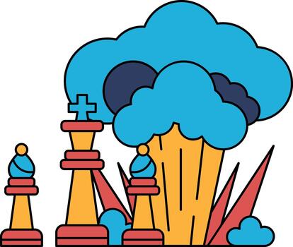 A black and white drawing of a chess game with a cloud in the background vector