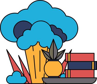 un árbol con un maceta de flores y un apilar de libros vector