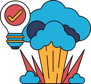 un negro y blanco dibujo de un ligero bulbo con un cheque marca en eso vector