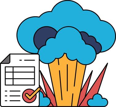 A black and white drawing of a cloud with a paper with a check mark on it vector