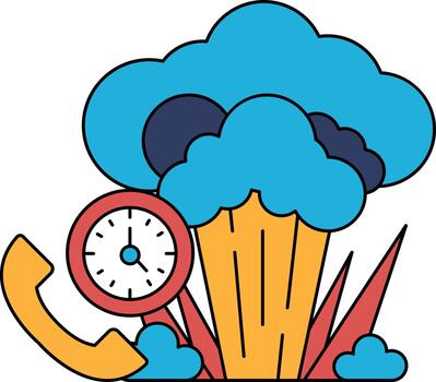 A black and white drawing of a clock and a phone with a cloud in the background vector