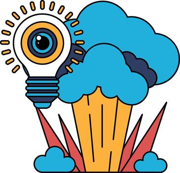 A light bulb is shown in the center of a cloudy sky vector