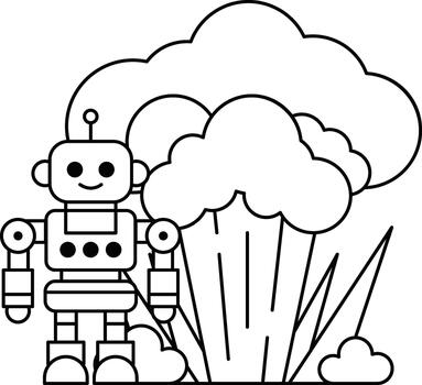 A robot is standing in front of a cloud of smoke vector