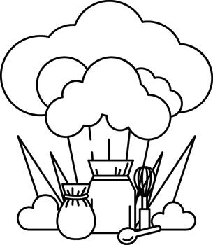 un negro y blanco dibujo de un nube con un maceta y un batidor en parte superior de eso vector