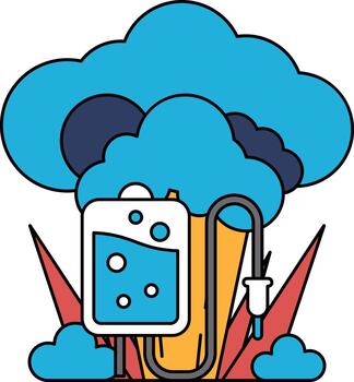 un dibujos animados dibujo de un nube con un médico dispositivo en el medio vector