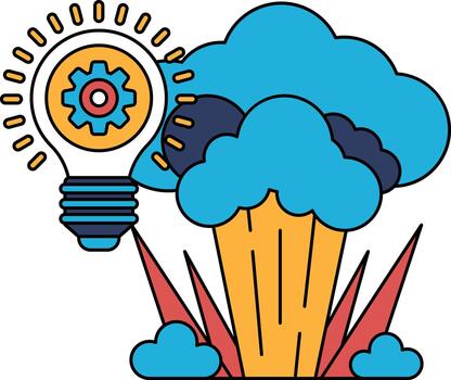 A light bulb is shown with a gear on it, and a cloud is in the background vector