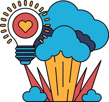 A light bulb is shown with a heart on it, and a cloud is in the background vector