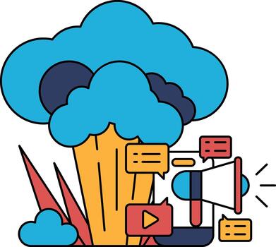 un negro y blanco dibujo de un nube con un cámara y un micrófono vector