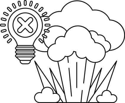 A black and white drawing of a light bulb with an X on it and a cloud of smoke vector