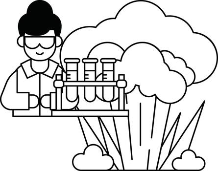 A man in a lab coat is holding a beaker with a white cloud in the background vector