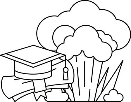 A graduation cap is on a piece of paper with a cloud in the background vector