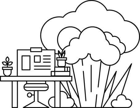 un escritorio con un computadora y un planta en eso vector