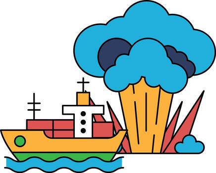A ship is sailing in the ocean with a large cloud of smoke in the background vector
