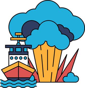 un Embarcacion es navegación en el Oceano con un nube de fumar en el antecedentes vector