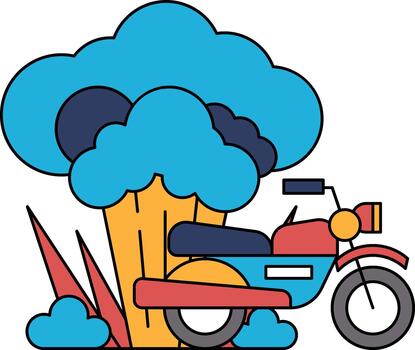 un motocicleta es mostrado en un dibujo con un nube en el antecedentes vector