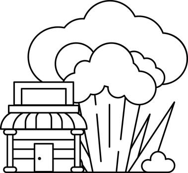 A black and white drawing of a small building with a sign on the front vector