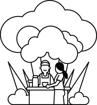 un hombre y un mujer son sacudida manos en frente de un grande nube vector