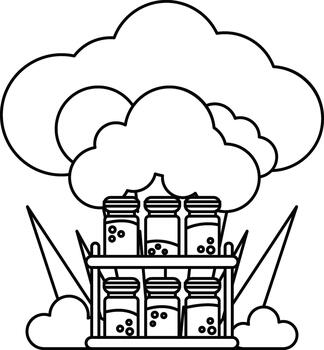 un blanco antecedentes con un nube y un fila de frascos vector