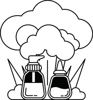 Two bottles of soap are shown in a field with a cloudy sky in the background vector