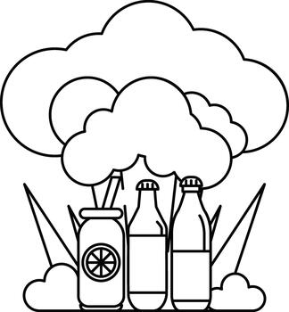 un dibujos animados de un nube con Tres botellas de jugo y un tarro de jugo vector