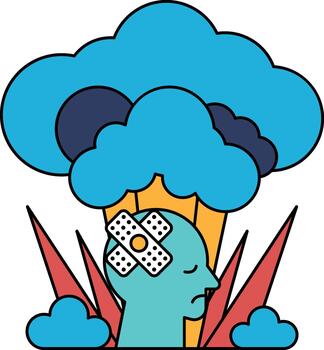 A man with a bandaged head is lying in a field of grass vector