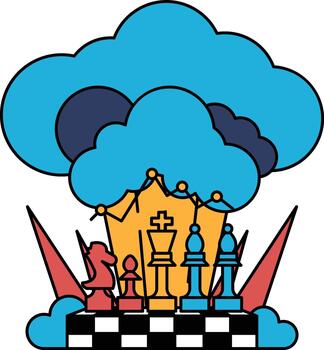 A black and white drawing of a chess board with a cloud in the background vector