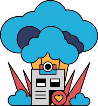 A white and black drawing of a building with a heart on it vector