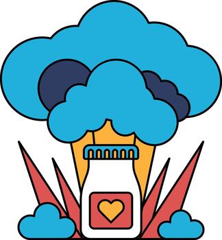 A bottle with a heart on it is surrounded by clouds vector