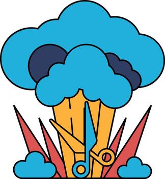 A black and white drawing of a cloud with scissors in the middle vector