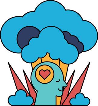 un hombre con un corazón en su cabeza es rodeado por nubes vector