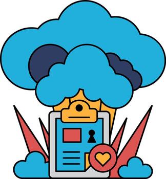 A white and black drawing of a cloud with a clipboard on top of it vector