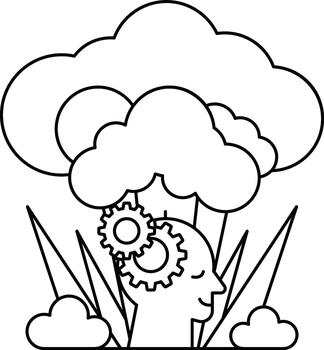 un hombre con un cabeza y engranajes es sentado en un campo de césped vector