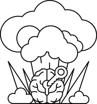 A cartoon brain with a key on it is surrounded by clouds vector