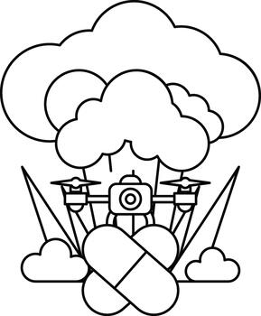 A cartoon of a camera and a pill bottle with a cloud in the background vector