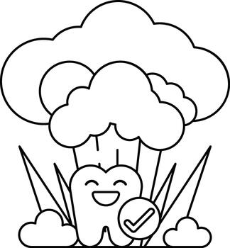 A cartoon of a tooth with a smile on it is surrounded by clouds vector
