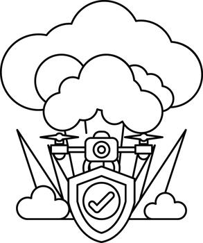 un negro y blanco dibujo de un nube con un cámara y un proteger en parte superior de eso vector