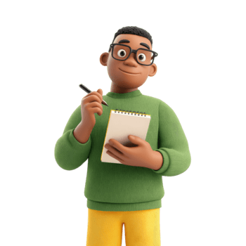 3d karaktär tar anteckningar med en penna och små anteckningsblock bär glasögon isolerat på transparent bakgrund png