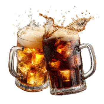 Two mugs of refreshing cola with ice cubes and dynamic splash motion isolated on transparent background png