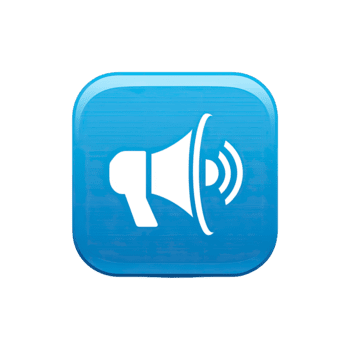 Blue glossy megaphone icon on a rounded square button with sound waves isolated on transparent background png