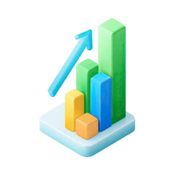 3D bar chart with upward arrow showing business growth and data analysis isolated on transparent background png