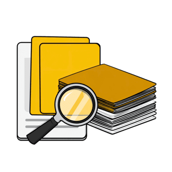 Magnifying glass over documents and folders representing data search and information management isolated on transparent background png